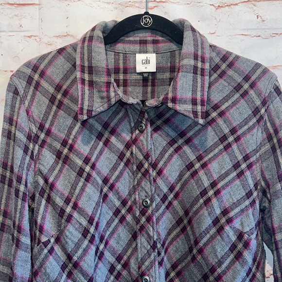 Cabi highland flannel raw hemline #3946 Gray purple fray hem check plaid collar - Picture 2 of 12